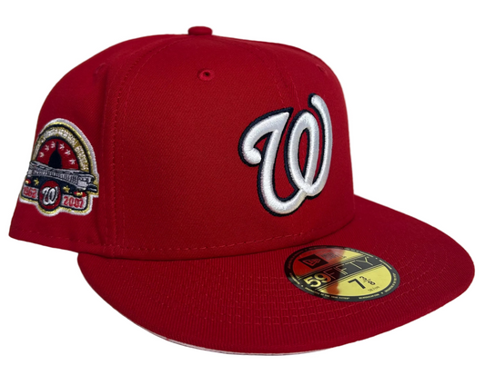 HC New Era Washington Nationals 59FIFTY fitted featuring a prominent commemorative side patch W/ Pink UV.