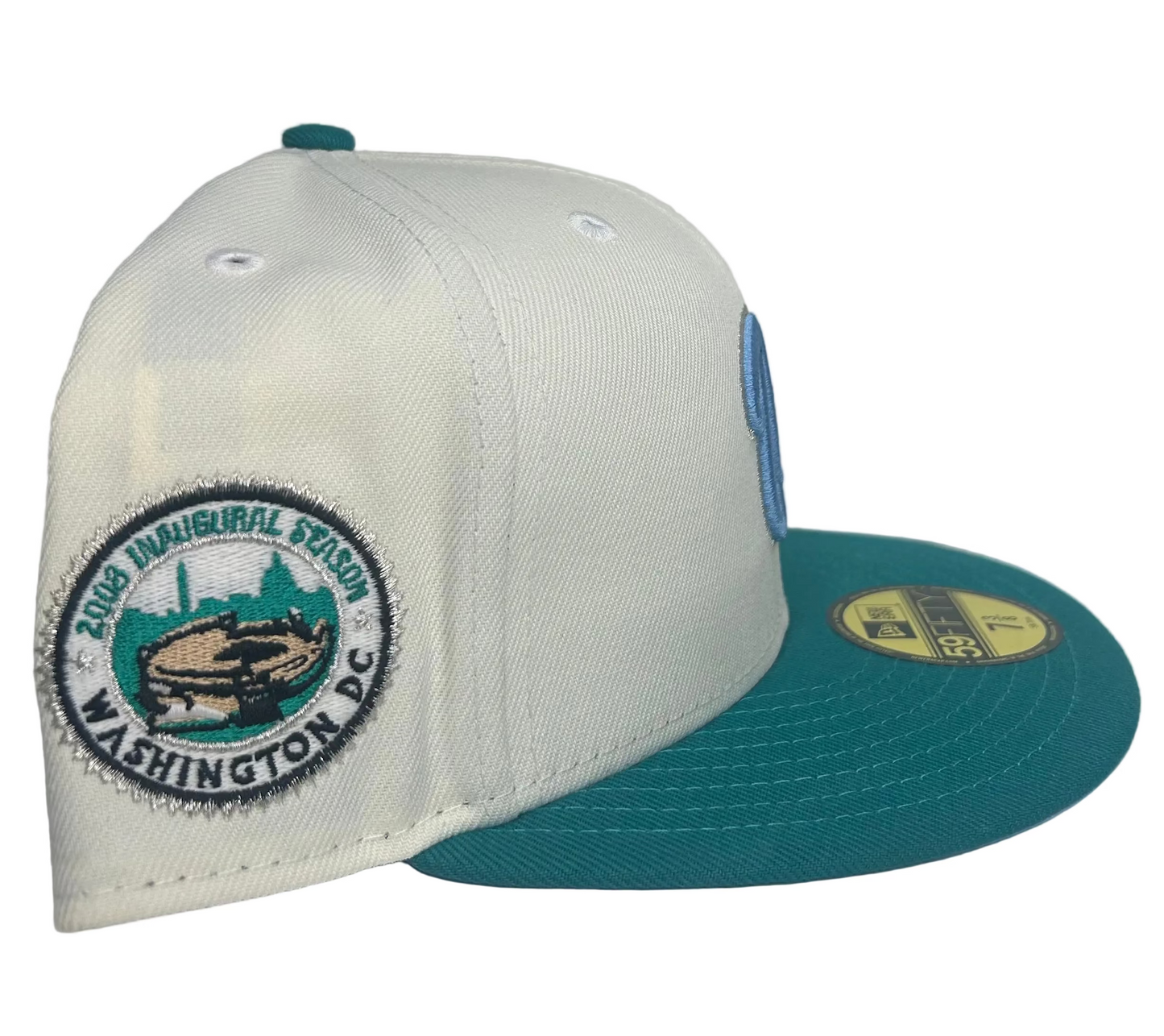 Washington Nationals New Era 59FIFTY fitted hat featuring a white crown, a teal brim, and a "2005 Inaugural Season" side patch. 