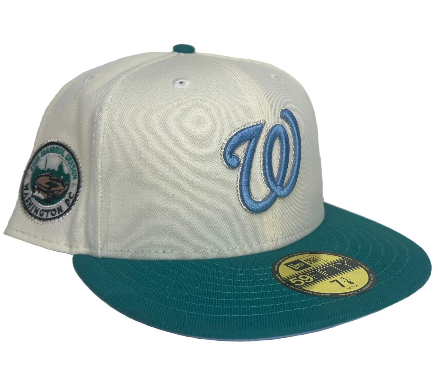 Washington Nationals New Era 59FIFTY fitted hat featuring a white crown, a teal brim, and a "2005 Inaugural Season" side patch. 
