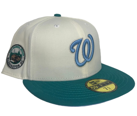Washington Nationals New Era 59FIFTY fitted hat featuring a white crown, a teal brim, and a "2005 Inaugural Season" side patch. 