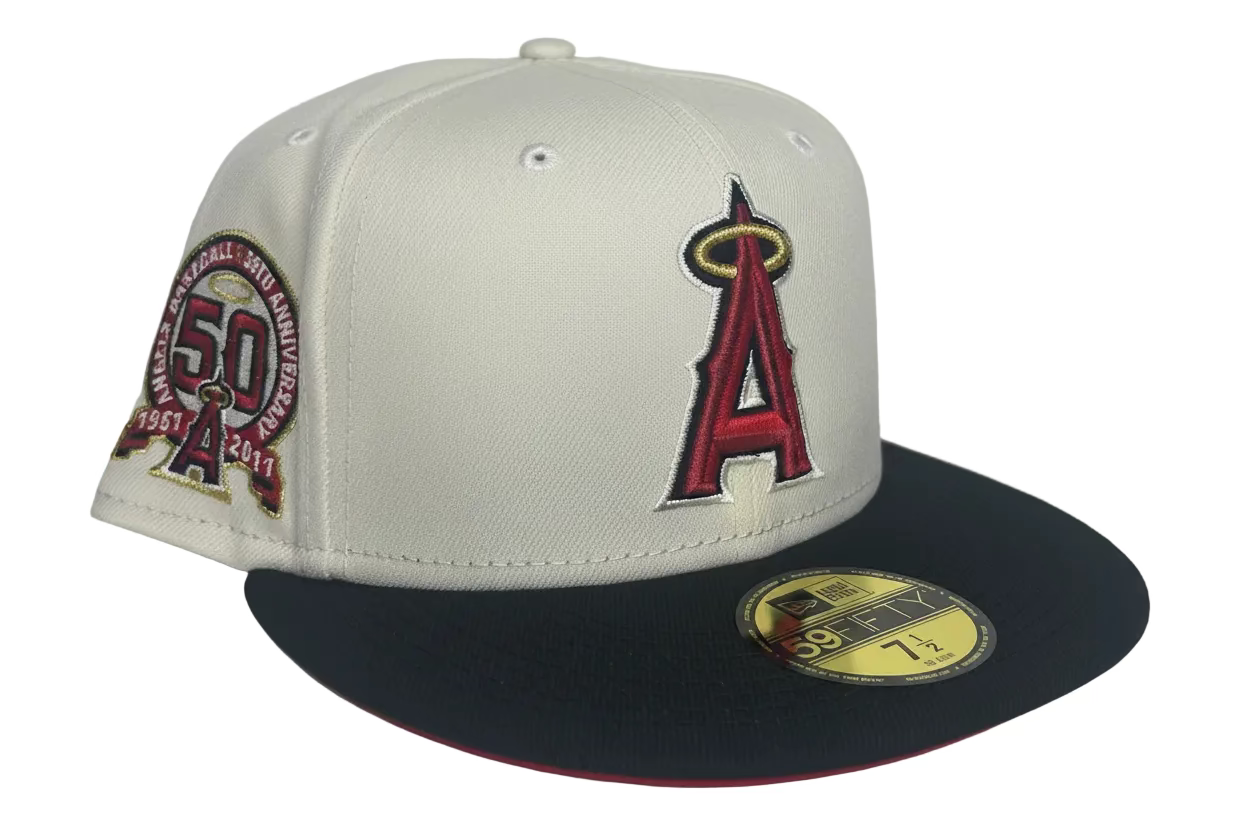 New Era Los Angeles Angels 59FIFTY fitted hat featuring a 50th-anniversary patch. 