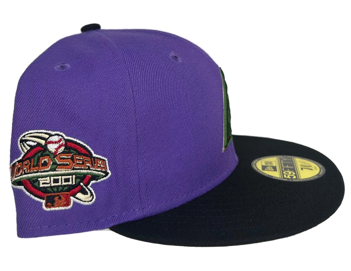 Arizona Diamondbacks 2001 World Series 59FIFTY Fitted Hat by New Era is featured, showcasing the team's purple and black color scheme with a championship side patch. 