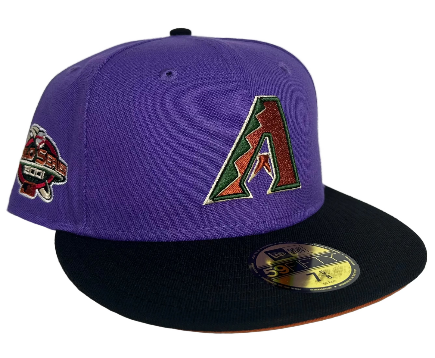 Arizona Diamondbacks 2001 World Series 59FIFTY Fitted Hat by New Era is featured, showcasing the team's purple and black color scheme with a championship side patch. 