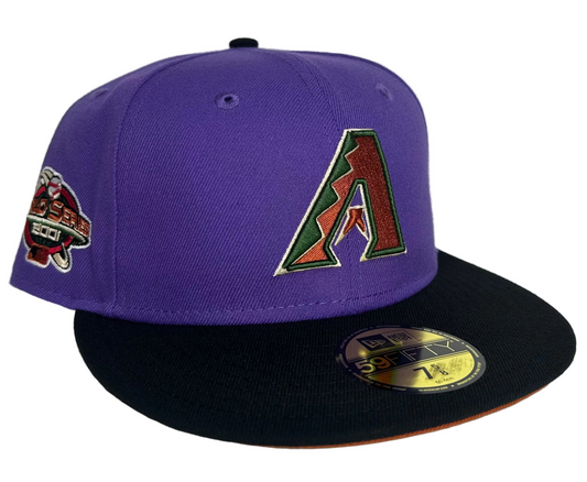 Arizona Diamondbacks 2001 World Series 59FIFTY Fitted Hat by New Era is featured, showcasing the team's purple and black color scheme with a championship side patch. 