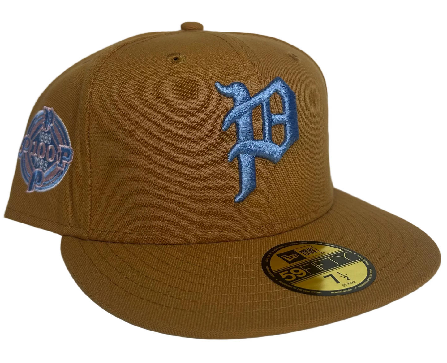 New Era Philadelphia Phillies 59FIFTY fitted hat featuring a tan crown, light blue logo, and a special side patch.