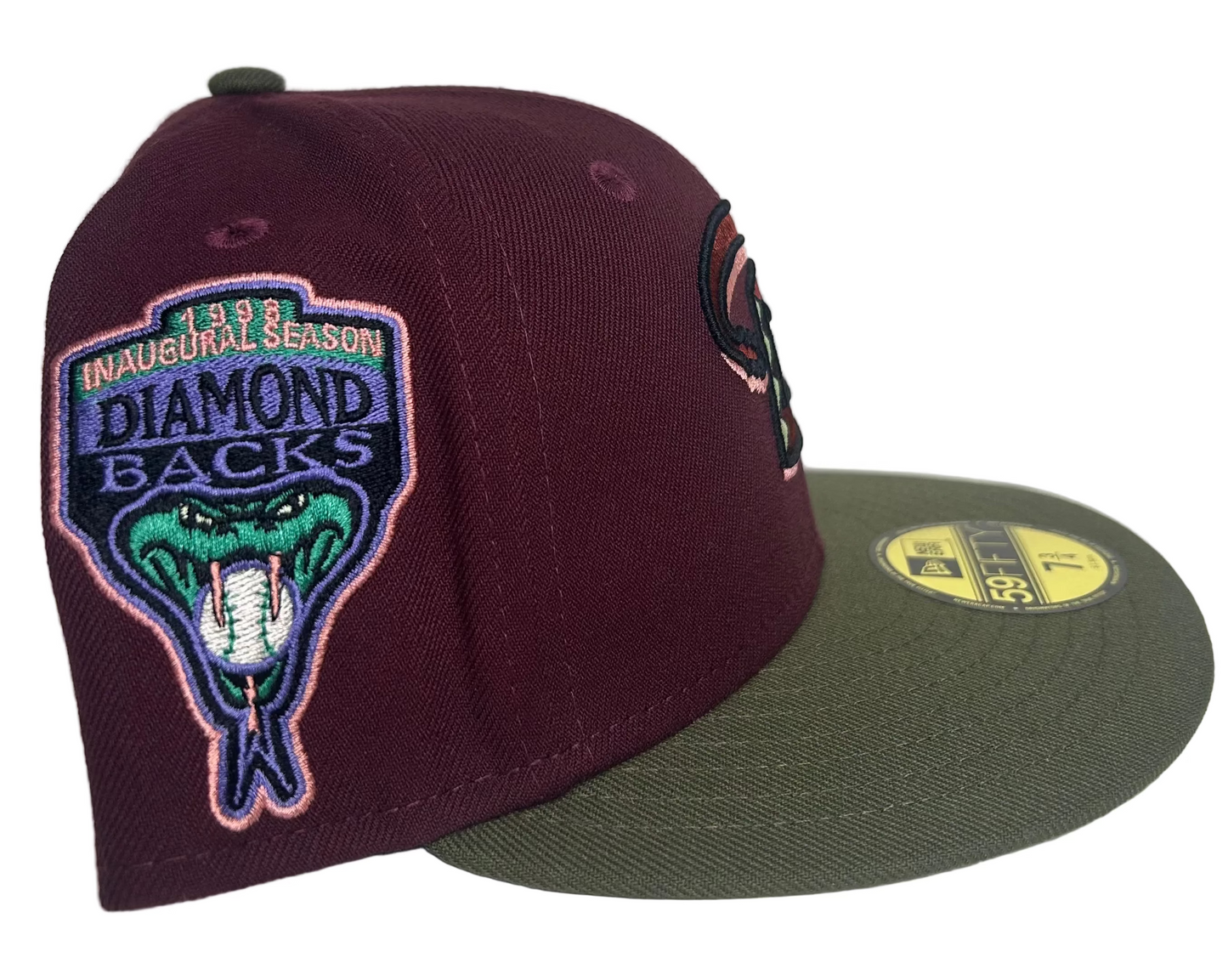 New Era Arizona Diamondbacks Maroon 59FIFTY Fitted Hat, which features a side patch commemorating their 1998 inaugural season.