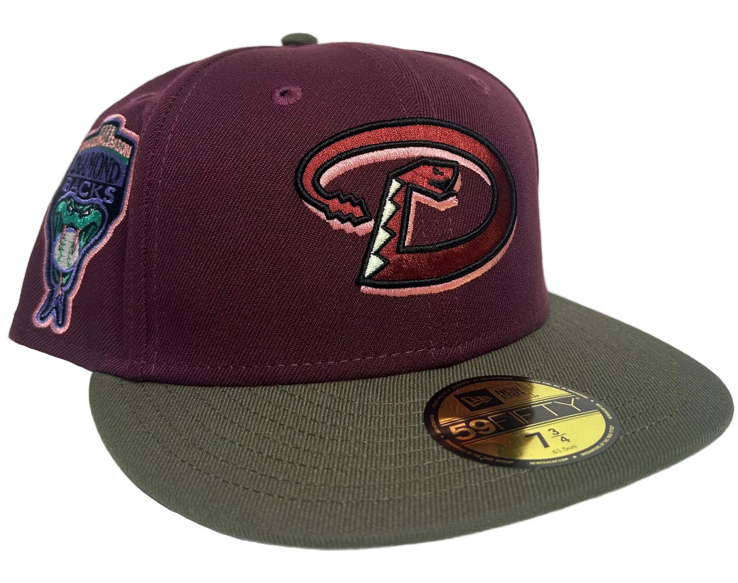 New Era Arizona Diamondbacks Maroon 59FIFTY Fitted Hat, which features a side patch commemorating their 1998 inaugural season.