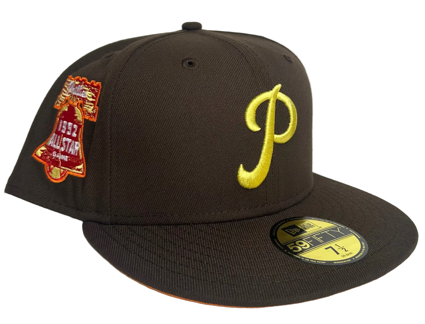 New Era Philadelphia Phillies 59FIFTY fitted hat featuring a brown crown, a yellow 'P' logo, and a 1952 All-Star Game patch. 