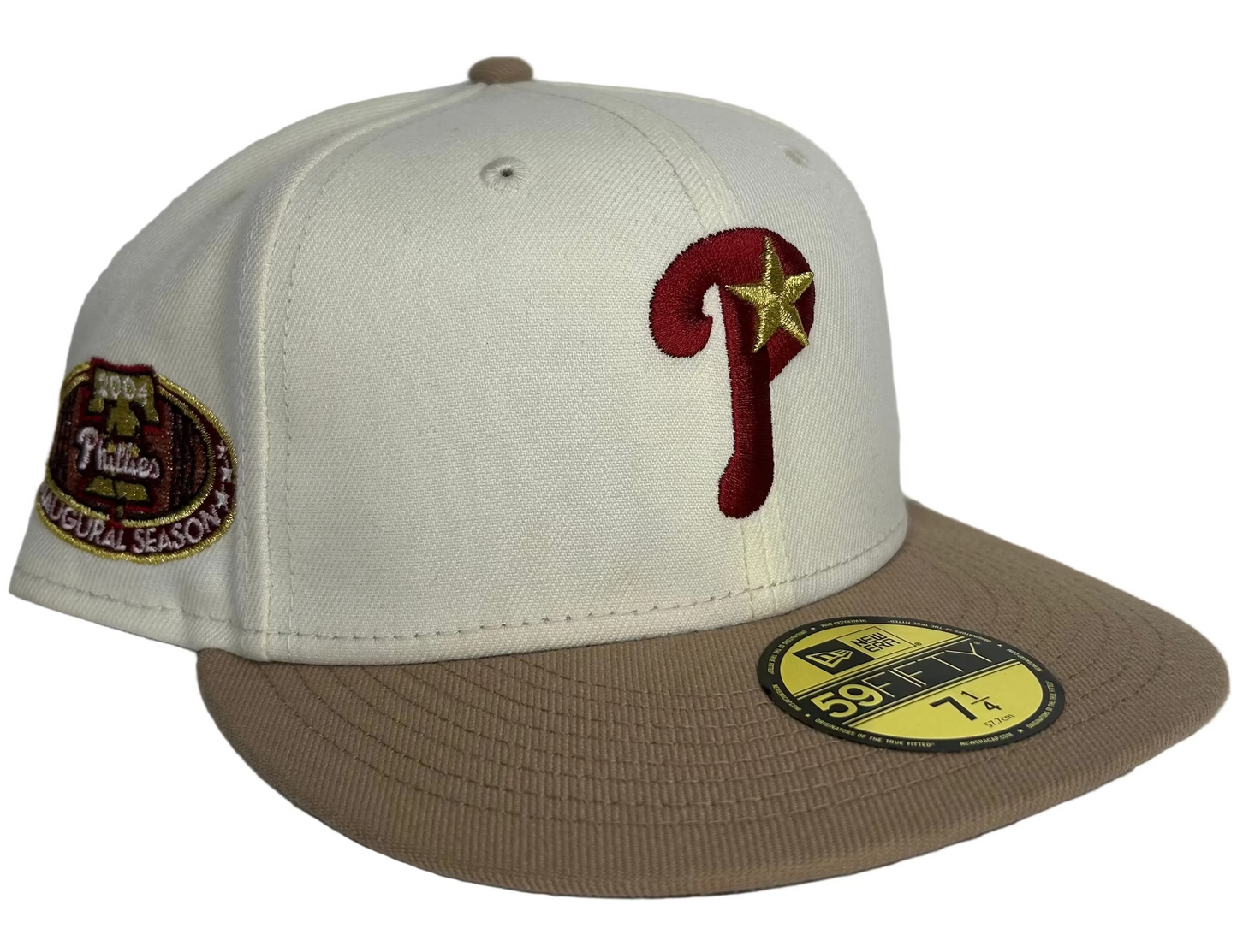 OFF-white Philadelphia Phillies 59FIFTY fitted hat featuring a tan visor, brown under-visor, and a 2004 Inaugural Season side patch. 