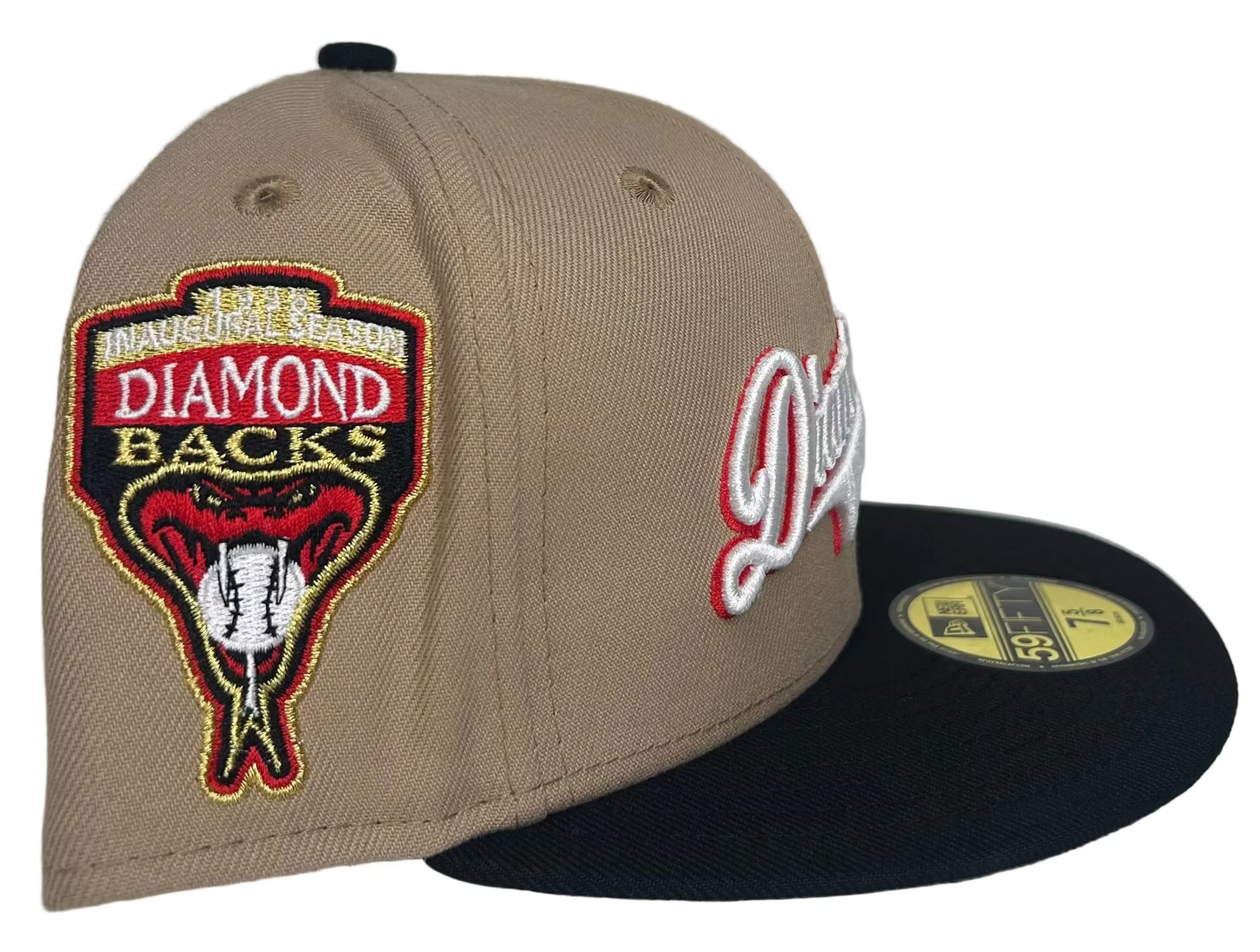 Camel Script Arizona Diamondbacks Black Visor Gray Bottom 1998 Inaugural Season Side Patch New Era 59Fifty Fitted