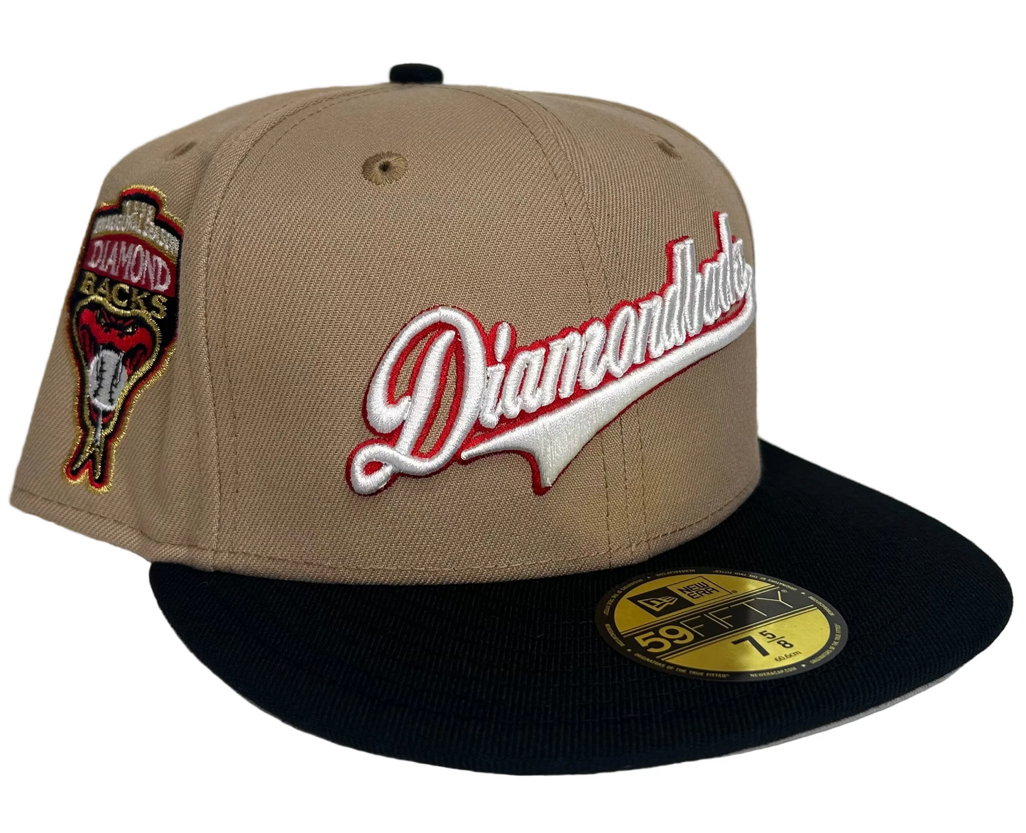 Camel Script Arizona Diamondbacks Black Visor Gray Bottom 1998 Inaugural Season Side Patch New Era 59Fifty Fitted