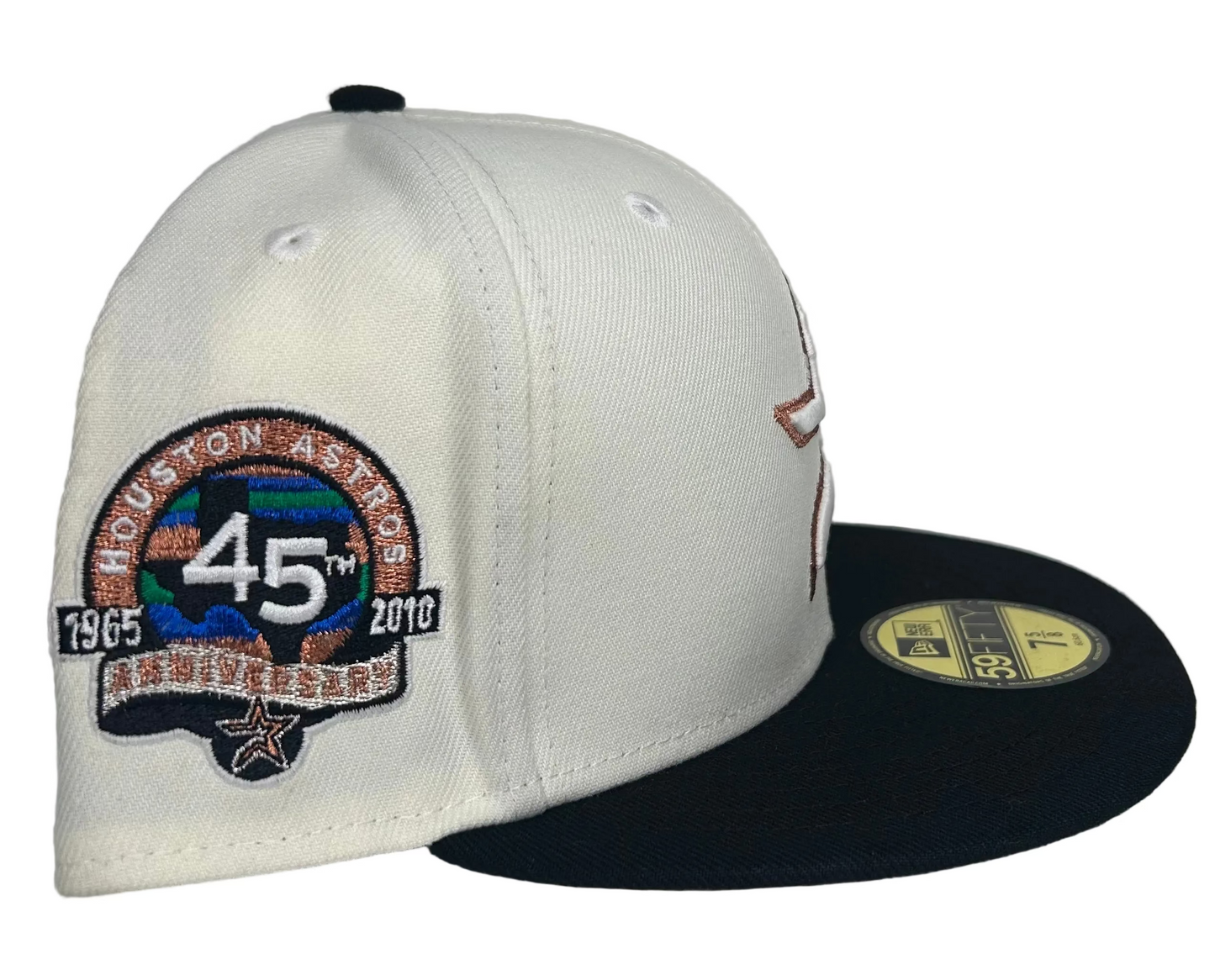 New Era Houston Astros 45th Anniversary 59FIFTY fitted hat, featuring a white crown, navy visor, and a commemorative side patch. 