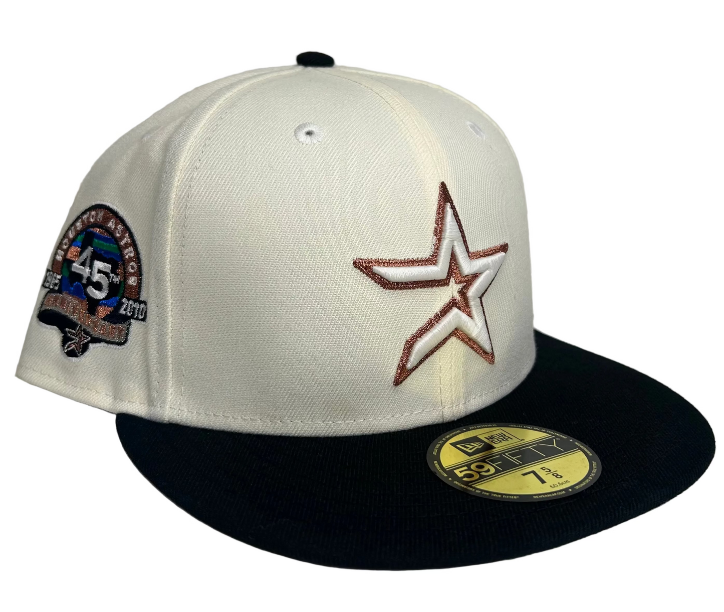 New Era Houston Astros 45th Anniversary 59FIFTY fitted hat, featuring a white crown, navy visor, and a commemorative side patch. 