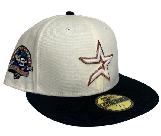 New Era Houston Astros 45th Anniversary 59FIFTY fitted hat, featuring a white crown, navy visor, and a commemorative side patch. 