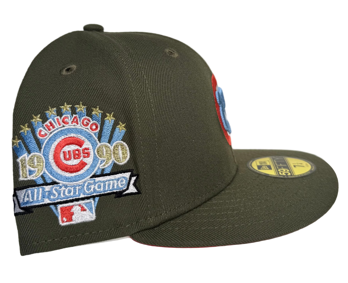 New Era Chicago Cubs All Star Game 1990 Lava Olive Edition 59Fifty Fitted Cap in olive green with a red undervisor.