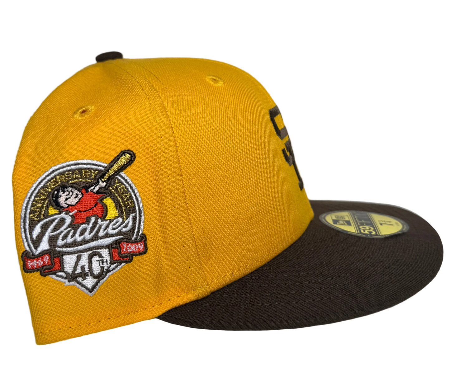 New Era San Diego Padres 59FIFTY fitted hat featuring a yellow crown, brown visor, and a 40th anniversary side patch.