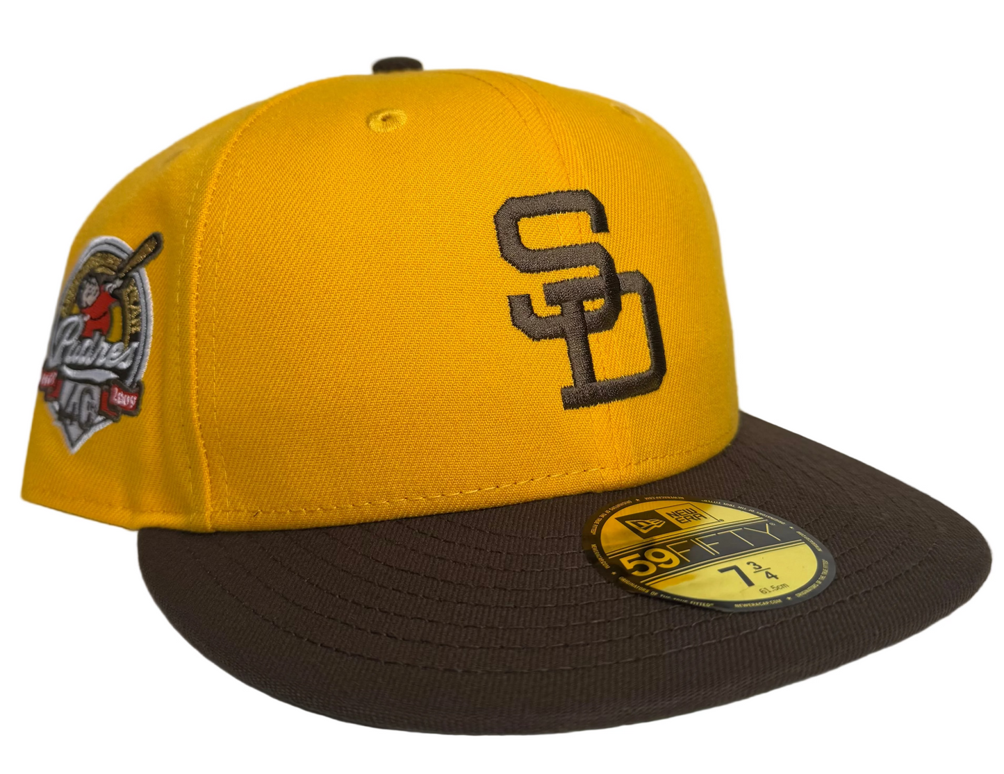 New Era San Diego Padres 59FIFTY fitted hat featuring a yellow crown, brown visor, and a 40th anniversary side patch.