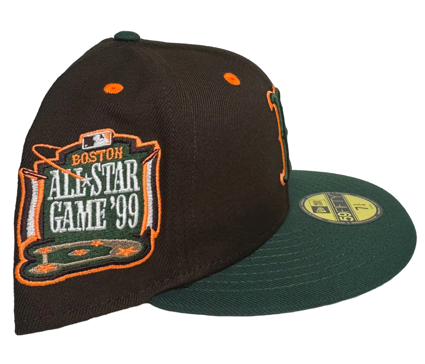New Era Boston Red Sox 1999 All-Star Game 59FIFTY fitted hat with a brown crown and green visor.