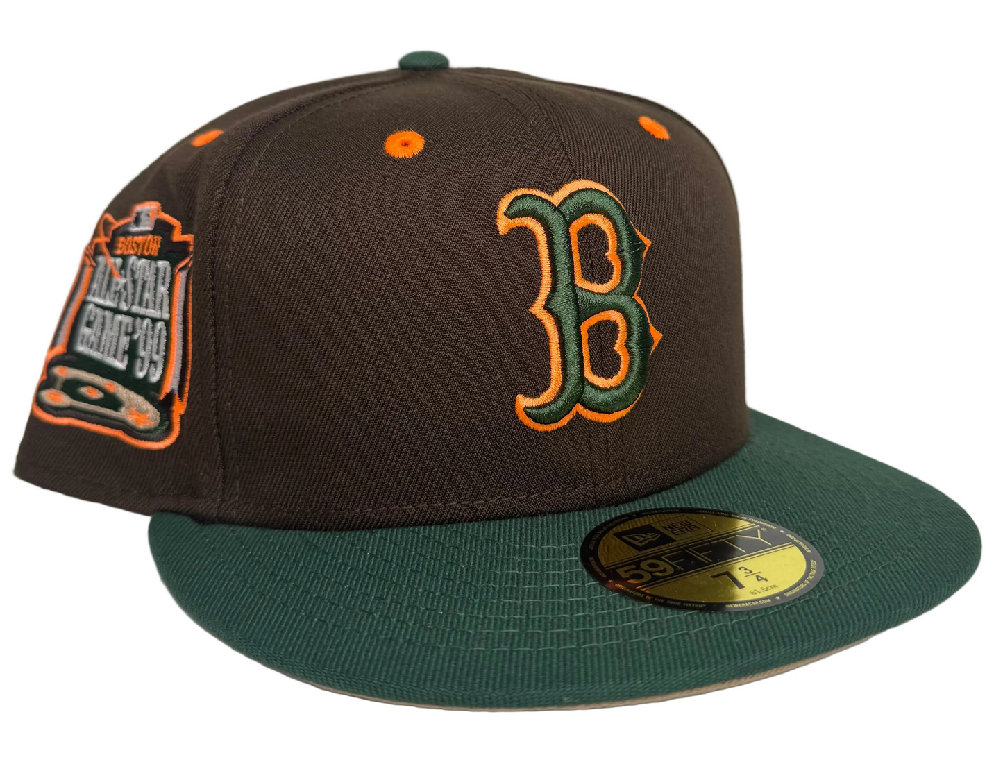 New Era Boston Red Sox 1999 All-Star Game 59FIFTY fitted hat with a brown crown and green visor.