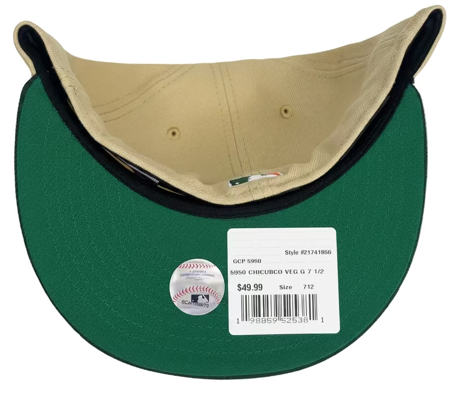 New Era Chicago Cubs "Bank Roll" 59FIFTY fitted hat featuring a khaki crown, green visor, and a special side patch.