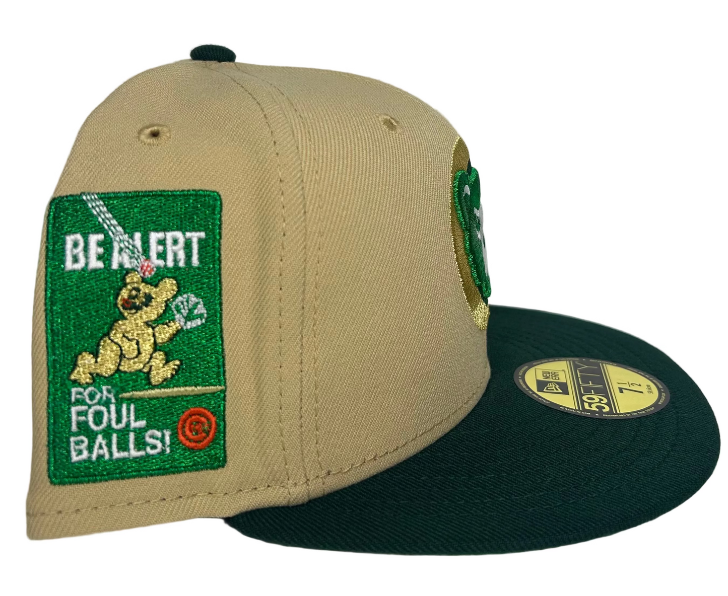 New Era Chicago Cubs "Bank Roll" 59FIFTY fitted hat featuring a khaki crown, green visor, and a special side patch.