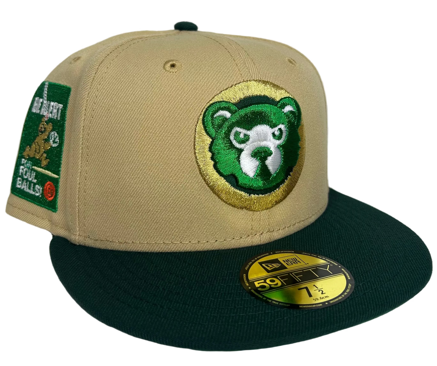 New Era Chicago Cubs "Bank Roll" 59FIFTY fitted hat featuring a khaki crown, green visor, and a special side patch.