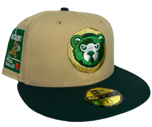 New Era Chicago Cubs "Bank Roll" 59FIFTY fitted hat featuring a khaki crown, green visor, and a special side patch.
