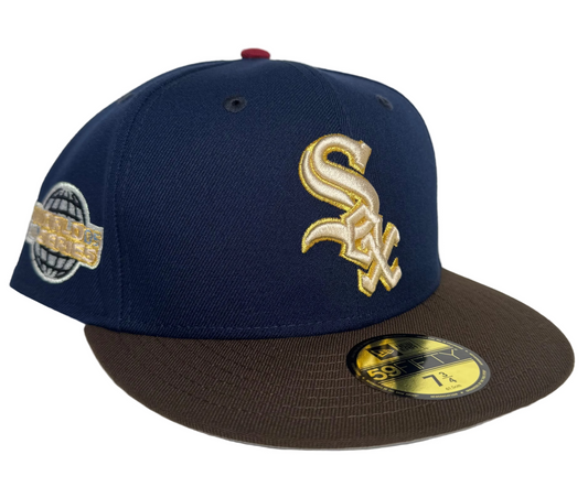 New Era Chicago White Sox 59FIFTY fitted hat with a navy blue crown, brown visor, and a gold World Series side patch.