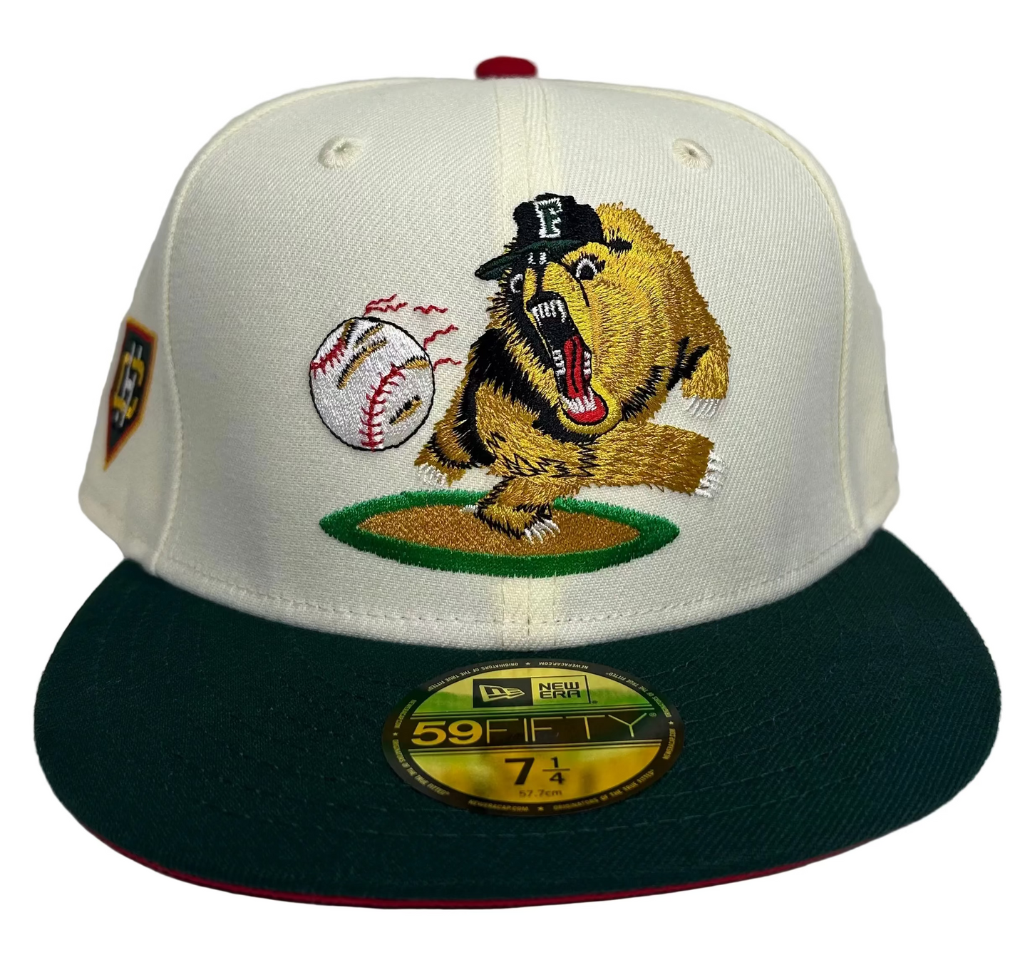 New Era Fresno Grizzlies 59FIFTY fitted hat with a cream crown and a dark green visor.