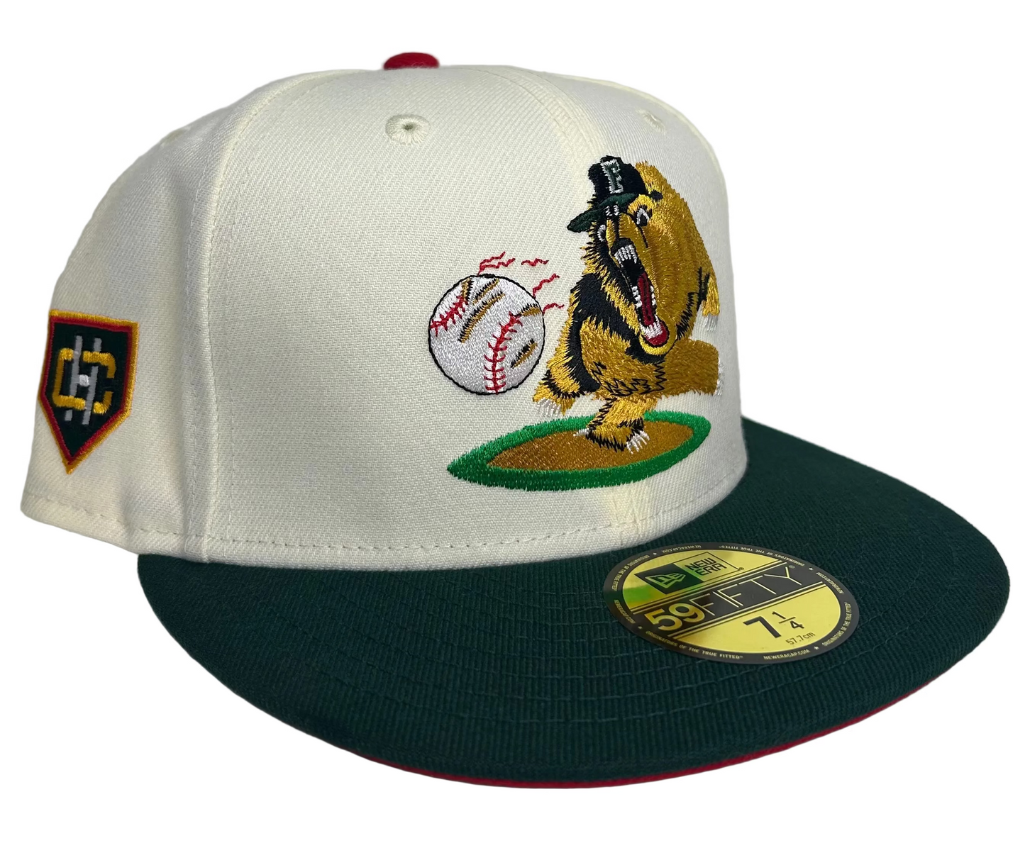 New Era Fresno Grizzlies 59FIFTY fitted hat with a cream crown and a dark green visor.