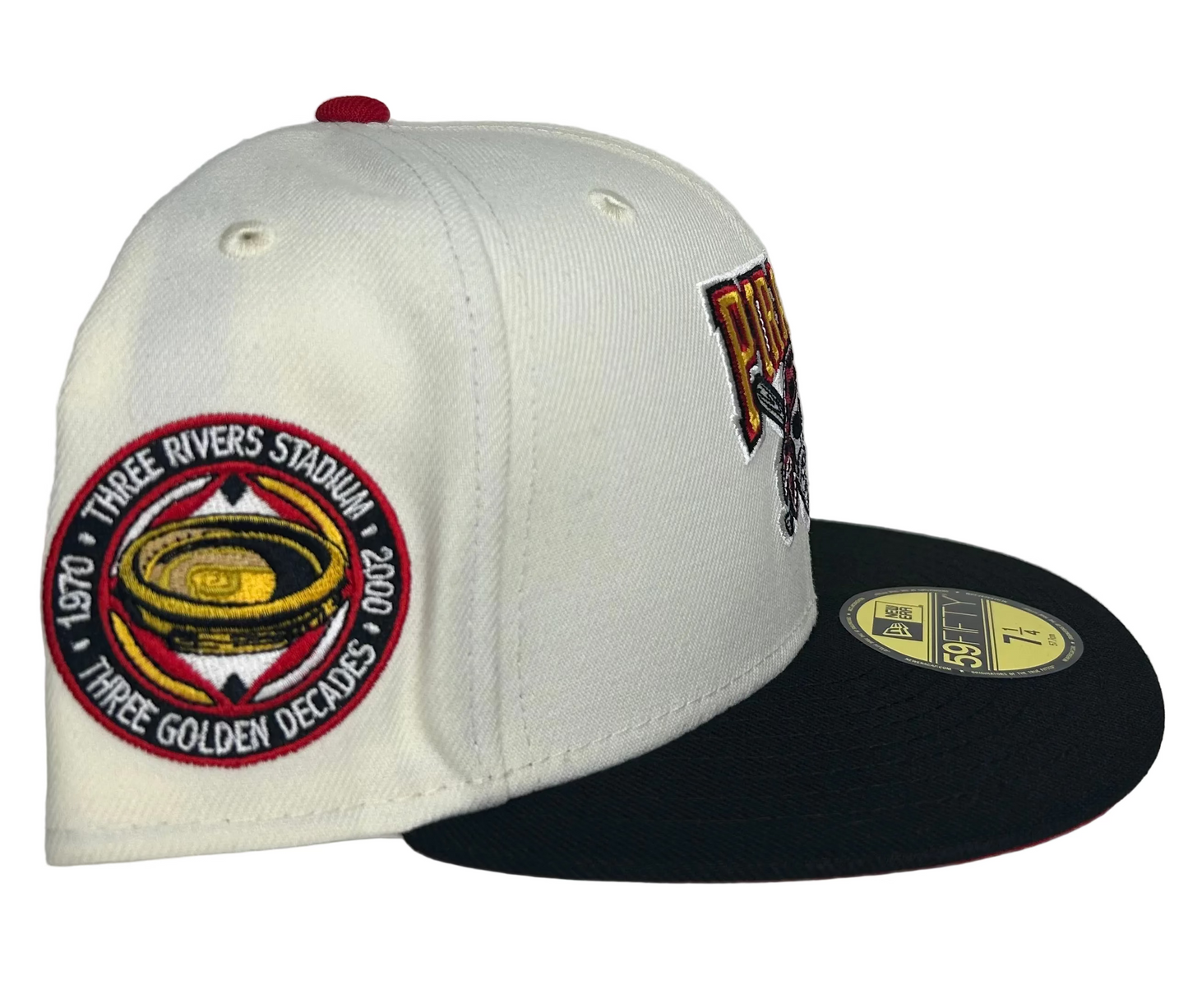 New Era 59Fifty Pittsburgh Pirates Three Rivers Stadium patch fitted hat with a cream crown and black brim.