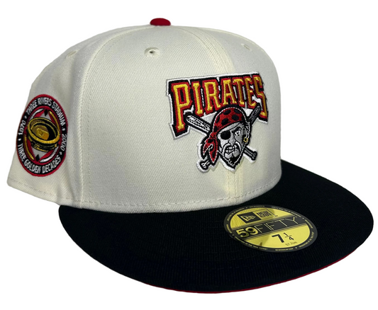 New Era 59Fifty Pittsburgh Pirates Three Rivers Stadium patch fitted hat with a cream crown and black brim.