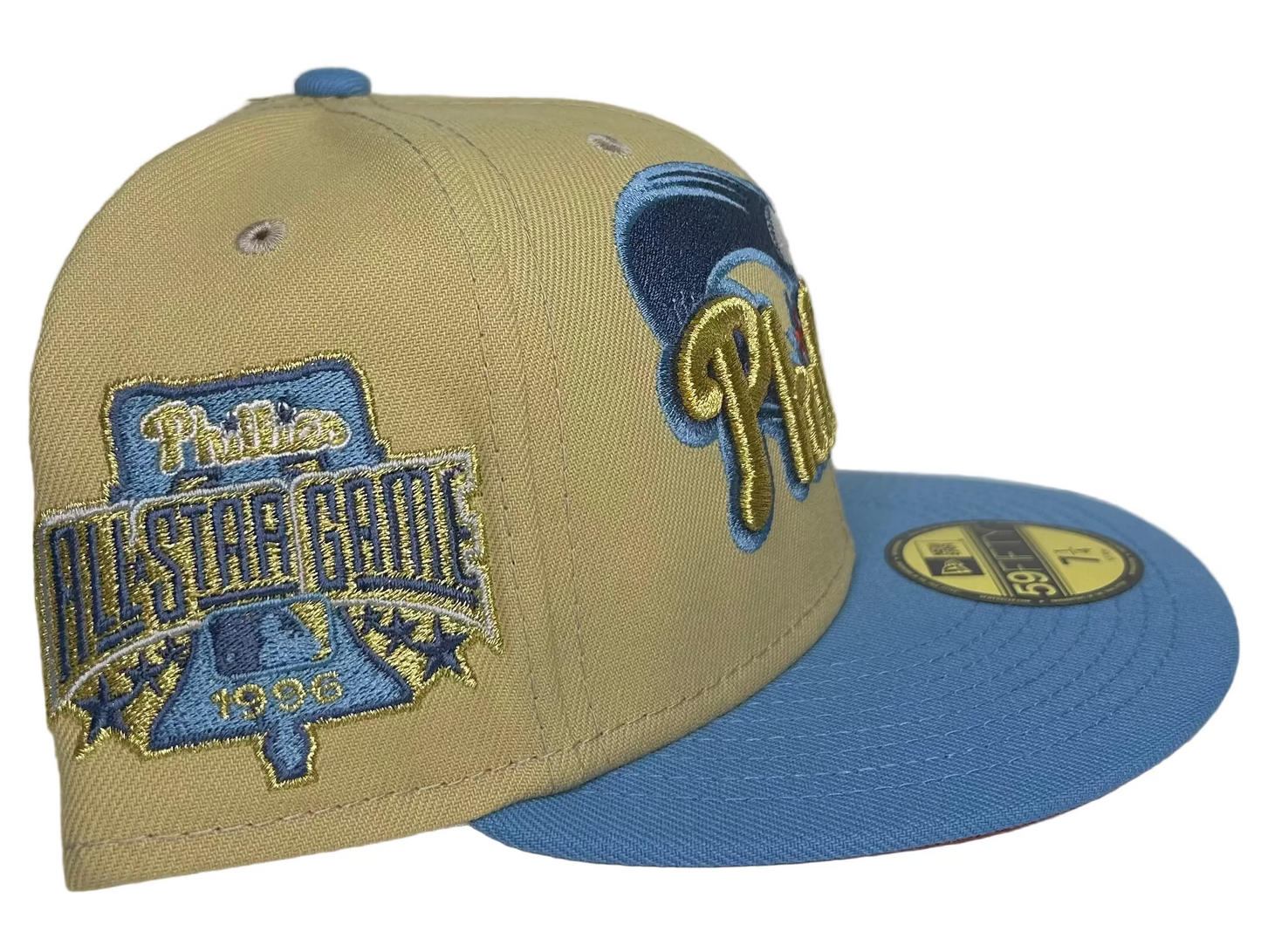 New Era Philadelphia Phillies 1996 All Star Game 59FIFTY Fitted Hat featuring a tan crown and a light blue visor. 