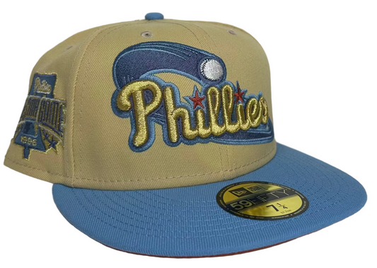 New Era Philadelphia Phillies 1996 All Star Game 59FIFTY Fitted Hat featuring a tan crown and a light blue visor. 