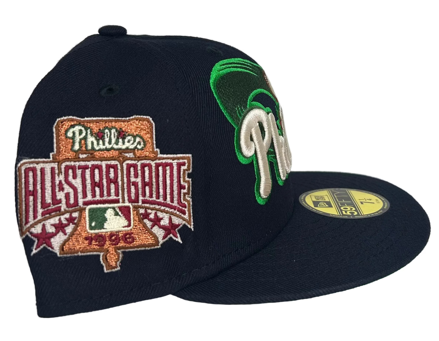 New Era Philadelphia Phillies 1996 All-Star Game Patch 59FIFTY fitted hat in navy blue with a green under-visor. 