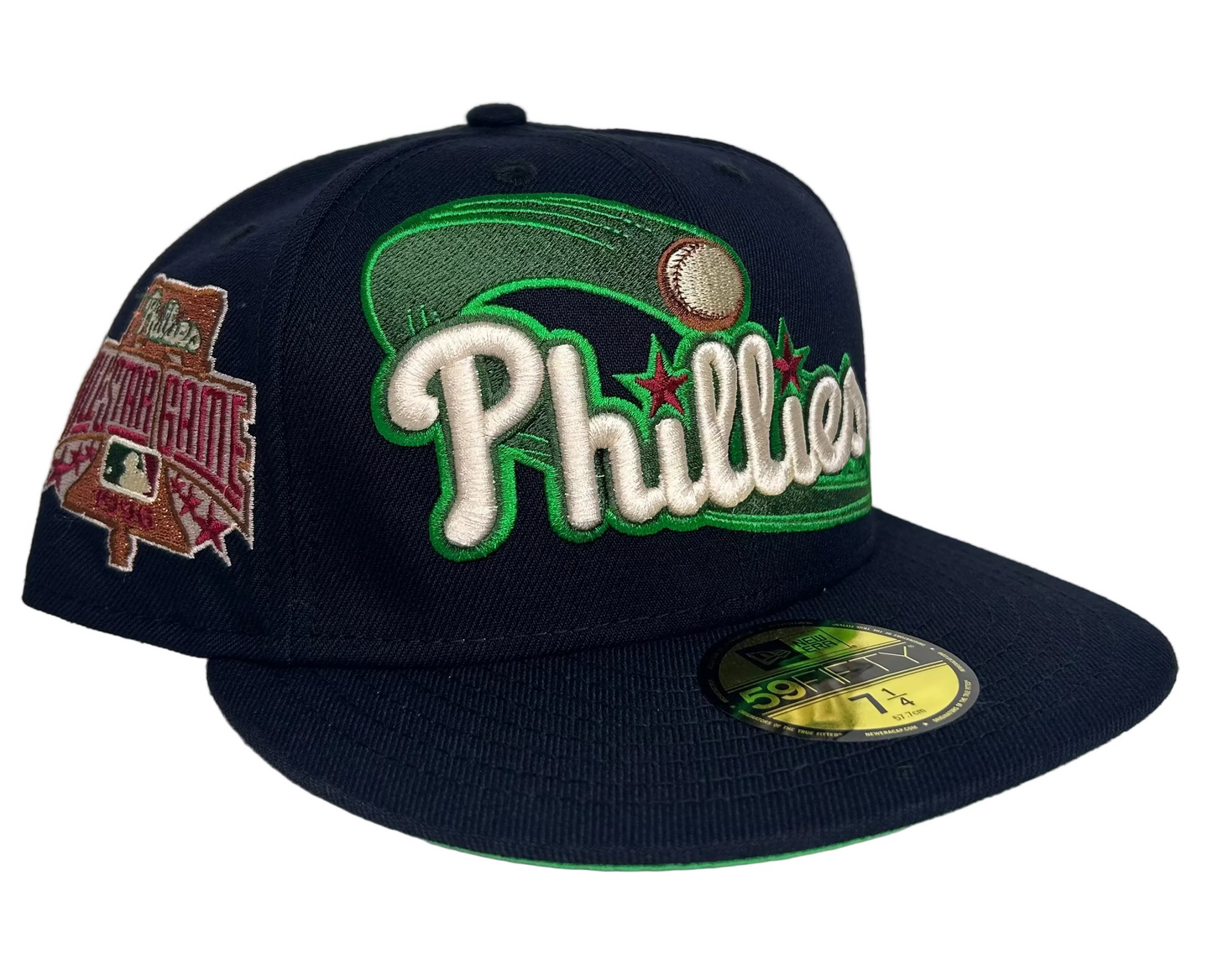 New Era Philadelphia Phillies 1996 All-Star Game Patch 59FIFTY fitted hat in navy blue with a green under-visor. 