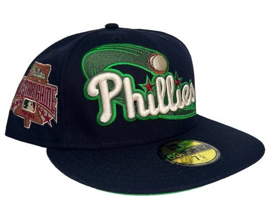 New Era Philadelphia Phillies 1996 All-Star Game Patch 59FIFTY fitted hat in navy blue with a green under-visor. 