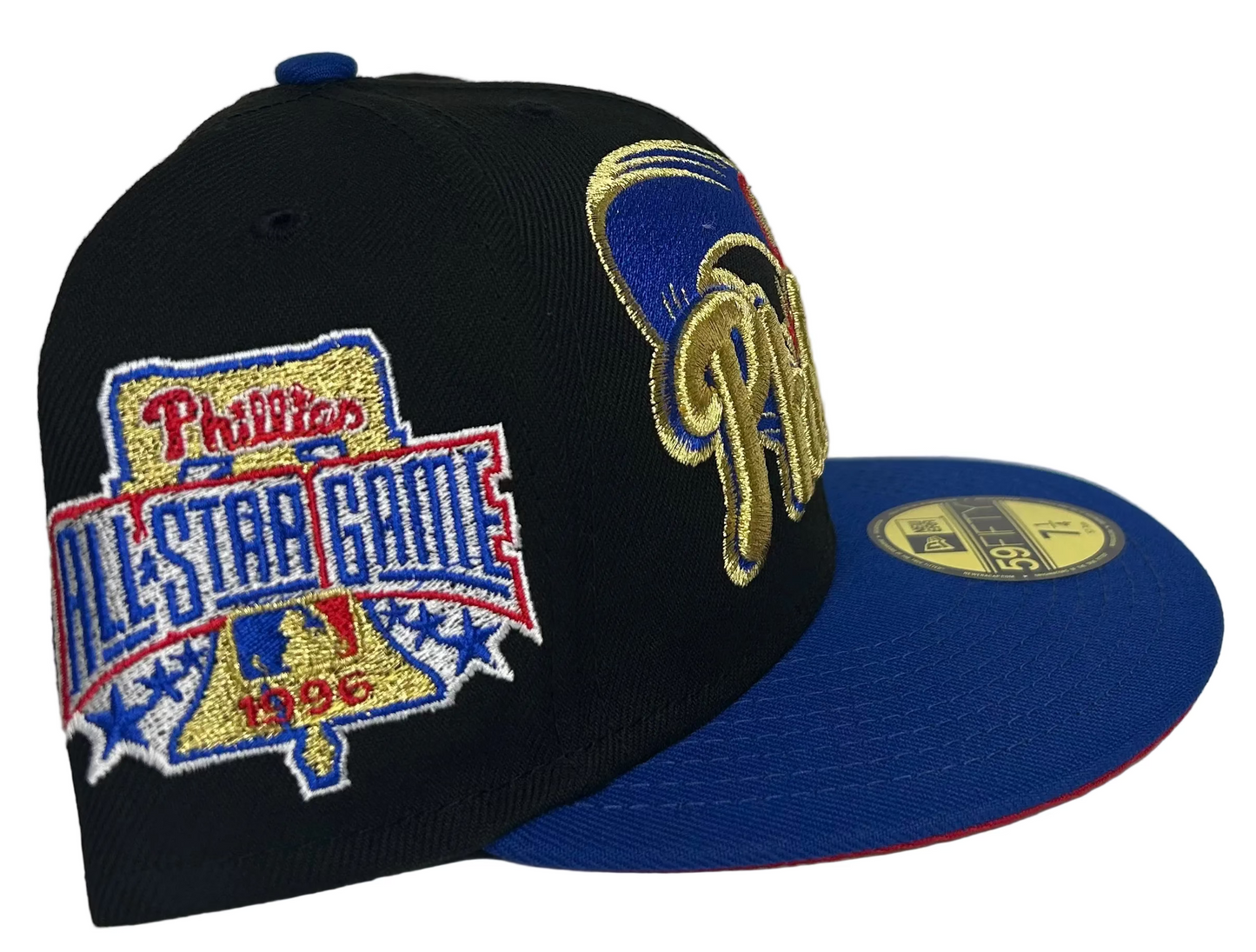 New Era Philadelphia Phillies 1996 All-Star Game 59Fifty fitted hat featuring a black crown and blue visor. 