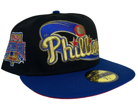 New Era Philadelphia Phillies 1996 All-Star Game 59Fifty fitted hat featuring a black crown and blue visor. 