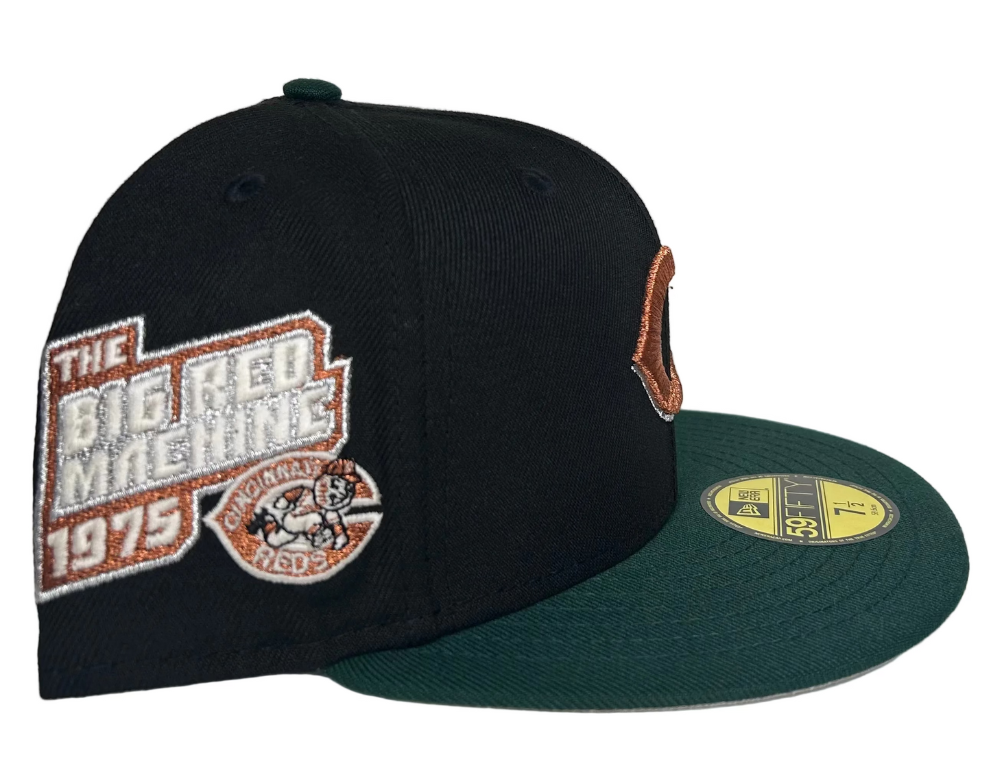 New Era Cincinnati Reds 59FIFTY fitted hat featuring a black crown, a dark green visor, and a 1975 "Big Red Machine" side patch