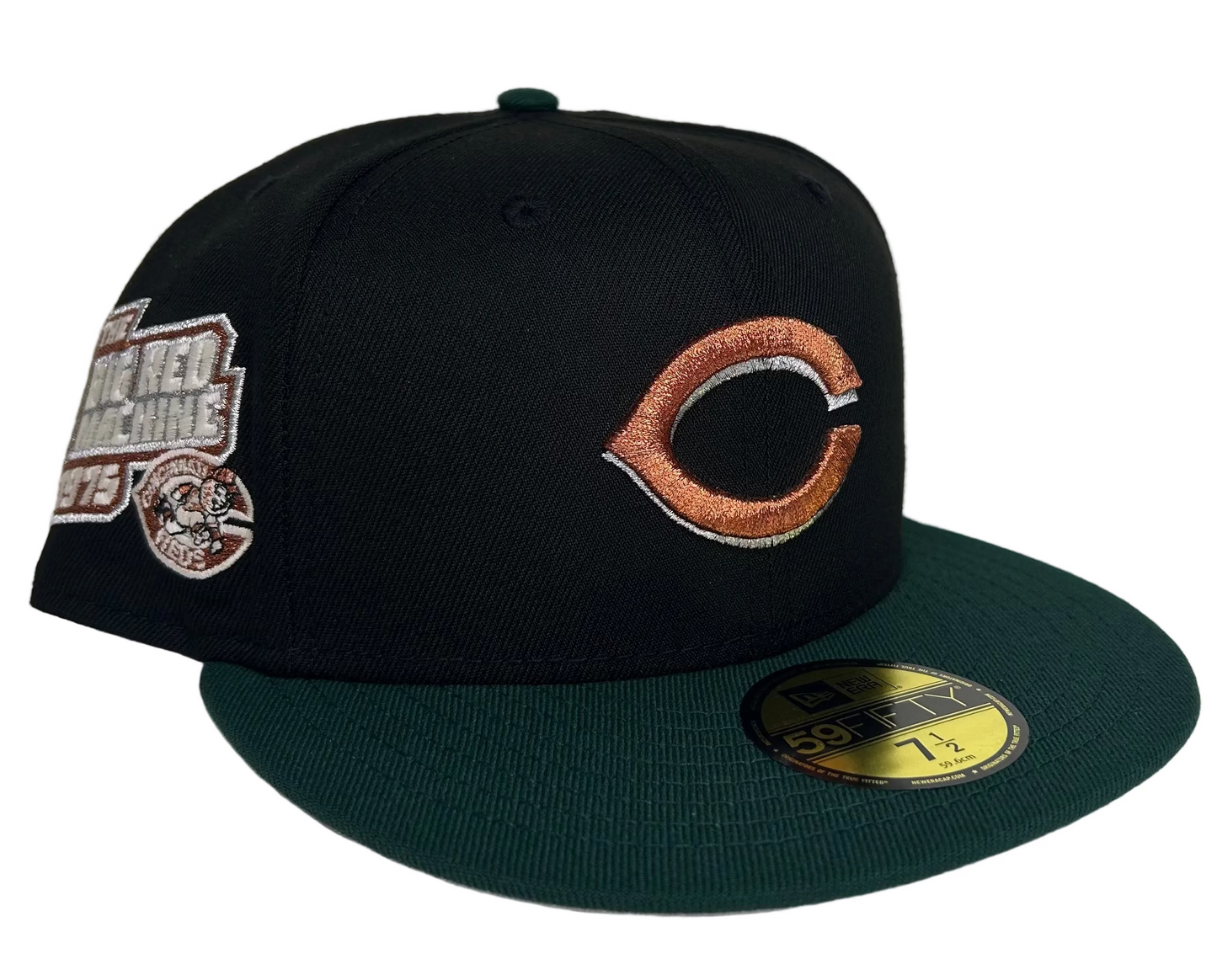 New Era Cincinnati Reds 59FIFTY fitted hat featuring a black crown, a dark green visor, and a 1975 "Big Red Machine" side patch