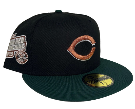 New Era Cincinnati Reds 59FIFTY fitted hat featuring a black crown, a dark green visor, and a 1975 "Big Red Machine" side patch