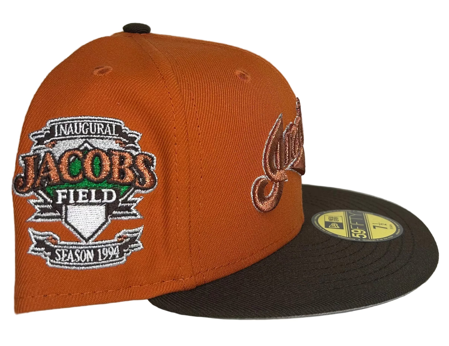 New Era Cleveland Indians 59FIFTY fitted hat with a brown visor and a specialized side patch commemorating the 1994 inaugural season at Jacobs Field.