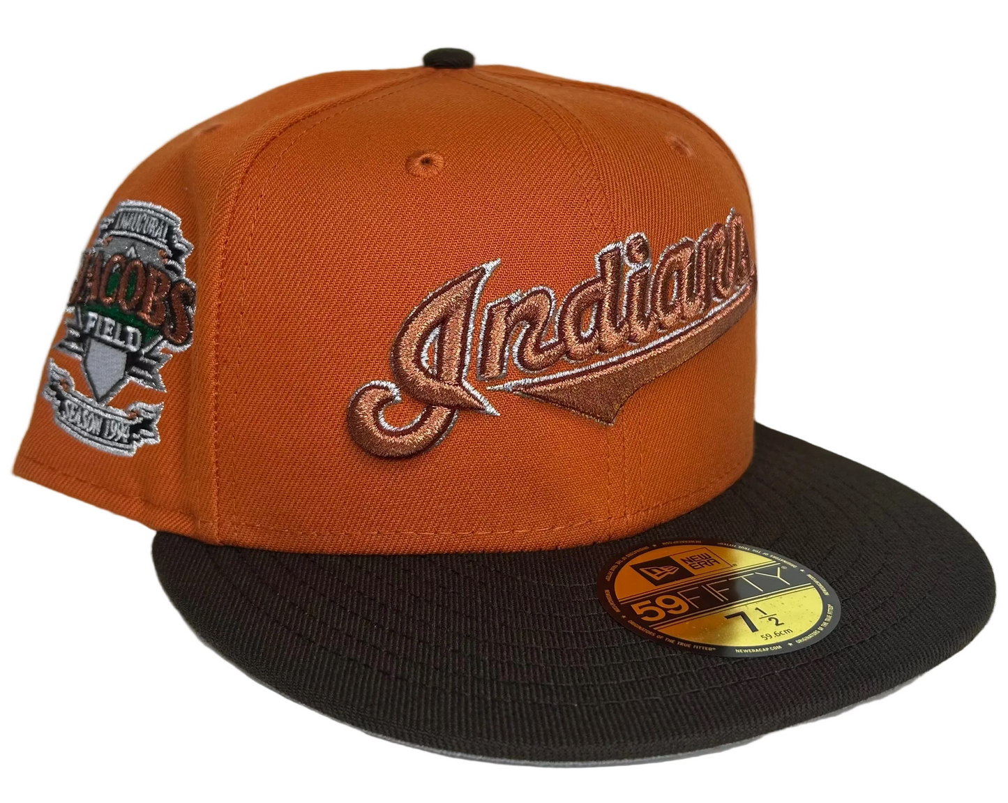New Era Cleveland Indians 59FIFTY fitted hat with a brown visor and a specialized side patch commemorating the 1994 inaugural season at Jacobs Field.