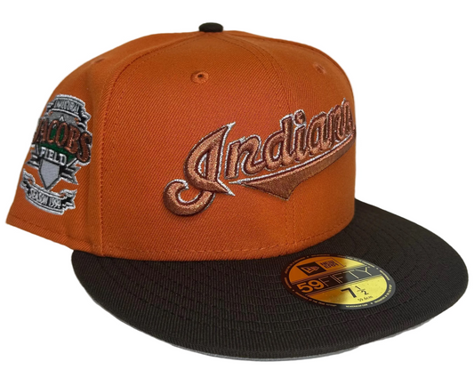 New Era Cleveland Indians 59FIFTY fitted hat with a brown visor and a specialized side patch commemorating the 1994 inaugural season at Jacobs Field.