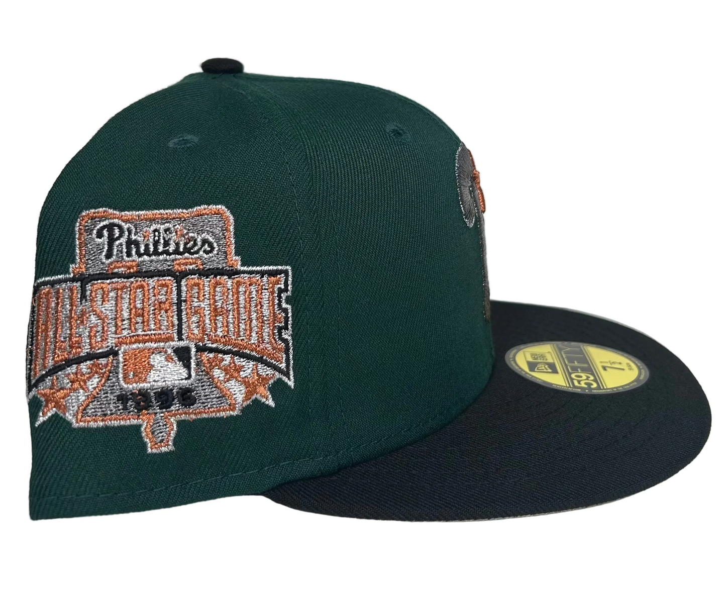 New Era Philadelphia Phillies 1996 All-Star Game 59FIFTY fitted cap featuring a dark green crown, black visor, and metallic copper embroidery.