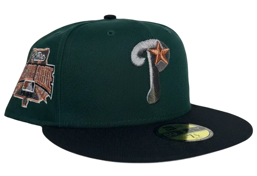 New Era Philadelphia Phillies 1996 All-Star Game 59FIFTY fitted cap featuring a dark green crown, black visor, and metallic copper embroidery.