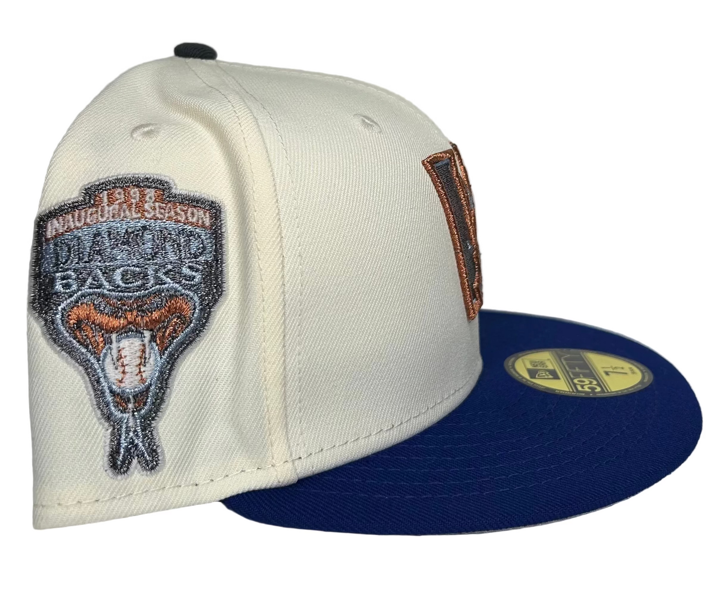 New Era Arizona Diamondbacks 59FIFTY fitted hat featuring a white crown, royal blue visor, and an upside-down "A" logo.