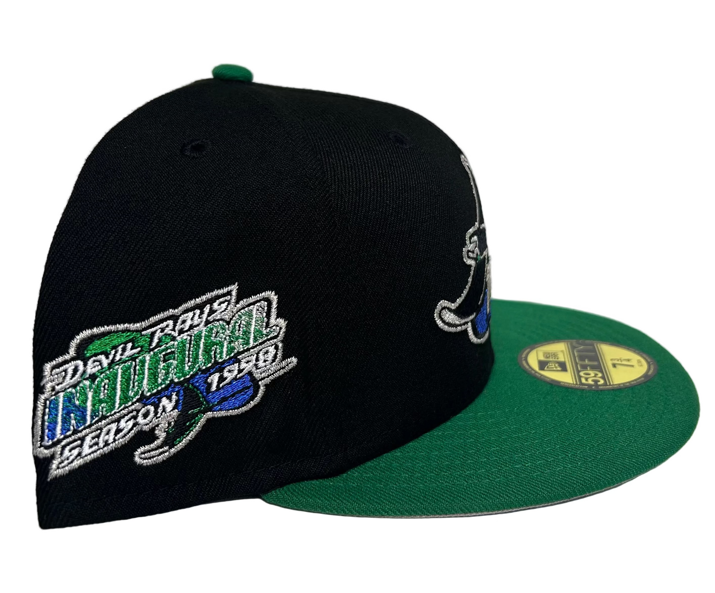 New Era 59FIFTY Tampa Bay Devil Rays fitted cap with a black crown and green visor.