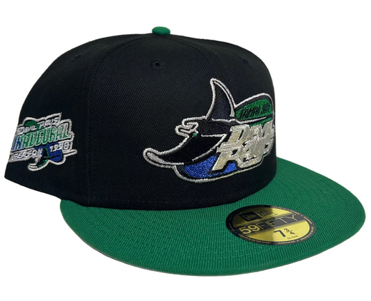 New Era 59FIFTY Tampa Bay Devil Rays fitted cap with a black crown and green visor.